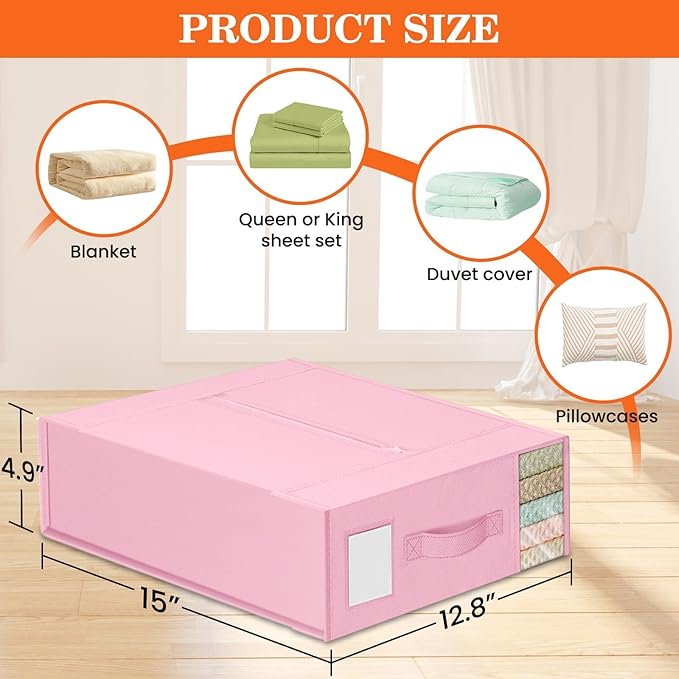 WOWBOX Sheet Organizers and Storage,Closet Bed Sheet Organizer Under Bed Storage and Organization with Label Cards & Clear Window for Bedding Sheets,Duvet Covers,Blankets (10 Pack，Pink)