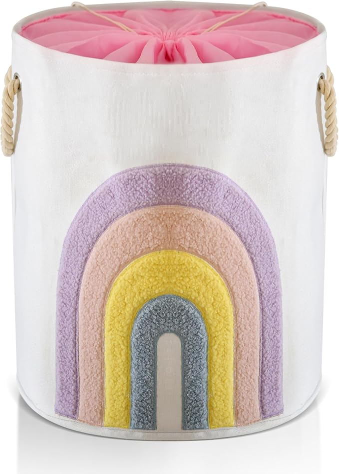 Pink Baby Hamper, XL Canvas 58L Laundry Basket with Drawstring Closure, Boho Rainbow Decor