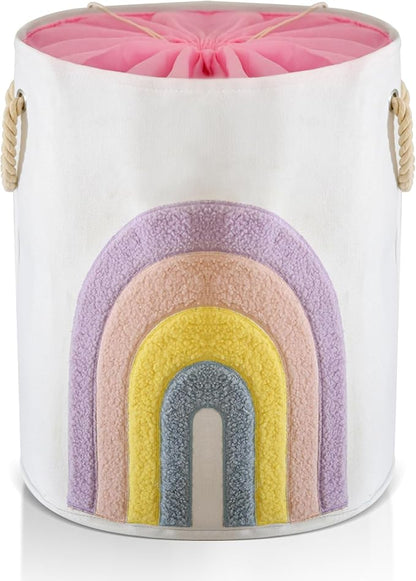 Pink Baby Hamper, XL Canvas 58L Laundry Basket with Drawstring Closure, Boho Rainbow Decor