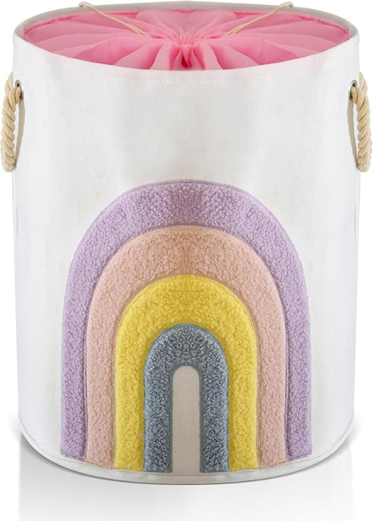 Pink Baby Hamper, XL Canvas 58L Laundry Basket with Drawstring Closure, Boho Rainbow Decor