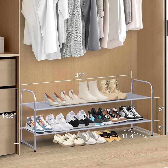 MISSLO 2 Tier Long Shoe Rack for Closet Shoe Organizer Holds 18-Pairs, Wide Low Stackable Shoe Storage Shelf for Bedroom Floor, Men Boots, Women Heels, Kids Sneakers (Grey)