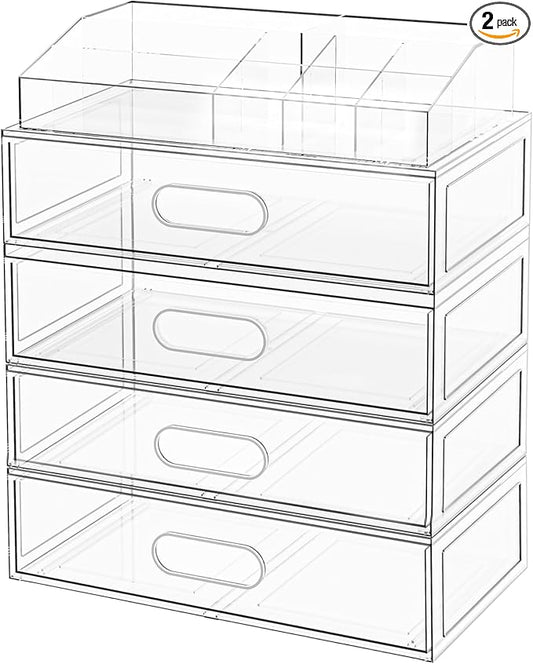 Clear Stackable Makeup Organizer with Drawer, 12''W Acrylic Storage Drawers, Cosmetic Display Case for Vanity Bathroom Countertop, Beauty Holder for Lipstick Brush Skincare Perfume (5 Pack)