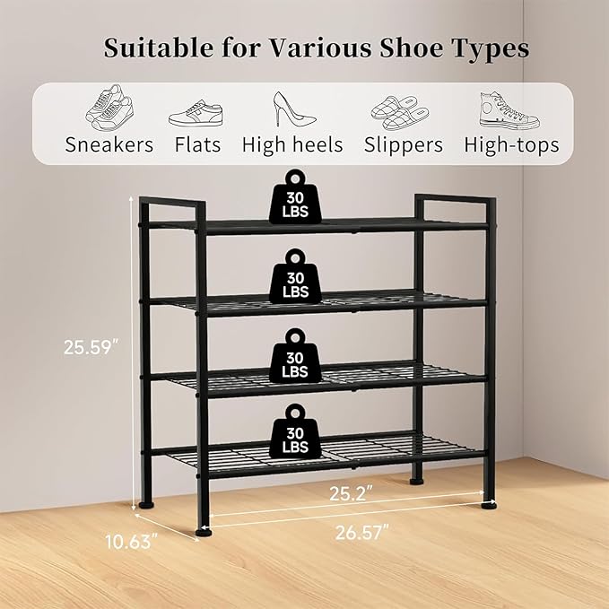 4-Tier Shoe Rack,Metal Simple Narrow Shoe Storage Organizer Shelf for Closet,Entryway, Bedroom,Garage (Black, 4 Tier)