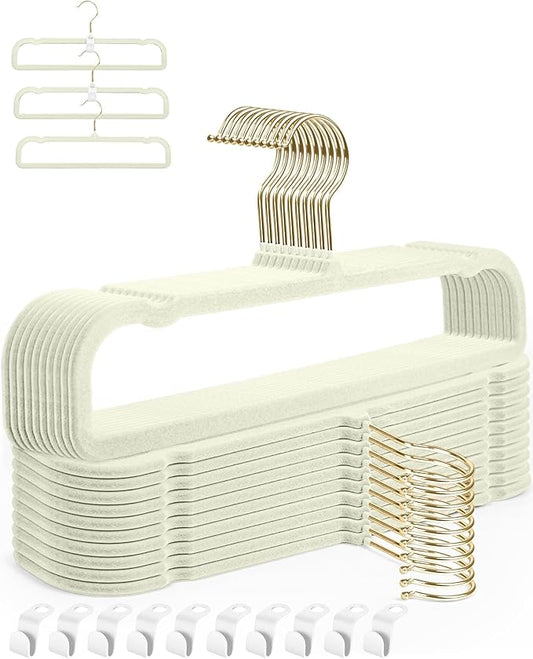 Velvet Pant Hangers, 20pcs Heavy Duty Felt Trouser Hangers for Women and Men, 35cm(L) Slim Adult Clothes Hanger with 360° Swivel Hook, Flocked Jean Hangers for Shorts, Dress (White-Golden)