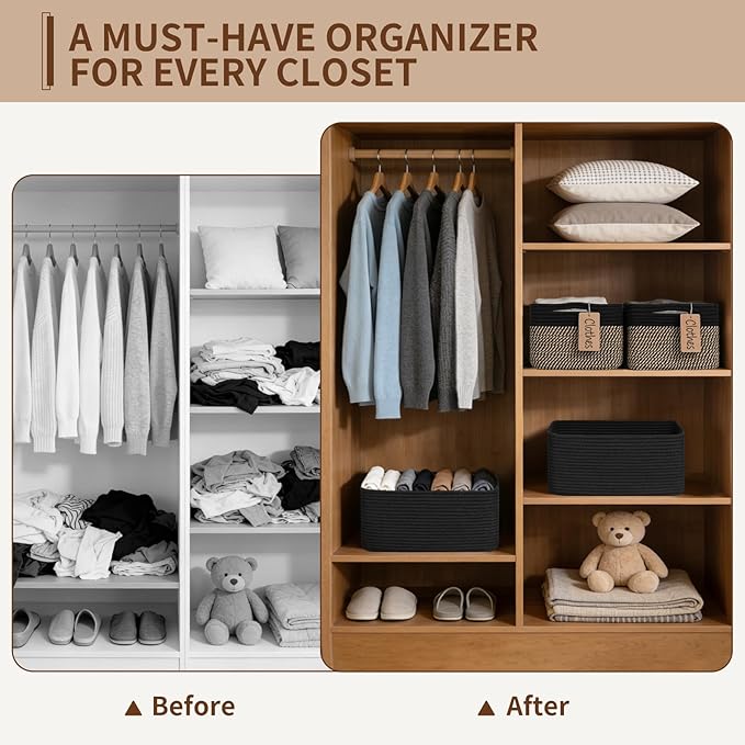 Goodpick 4 Pack Storage Baskets for Shelves, Rectangle Wicker Storage Bins for Baby Toys, Decorative Organizer Shelf Baskets for Gifts Empty, 13''L x 8''W x 6''H, Black & Jute