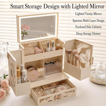 Lighted Vanity Makeup Organizer with Mirror, Large Vintage Cosmetic Storage Box with Drawers, Waterproof Dustproof Skincare & Beauty Organizer for Bathroom Counter, Gift for Women (Off-white)