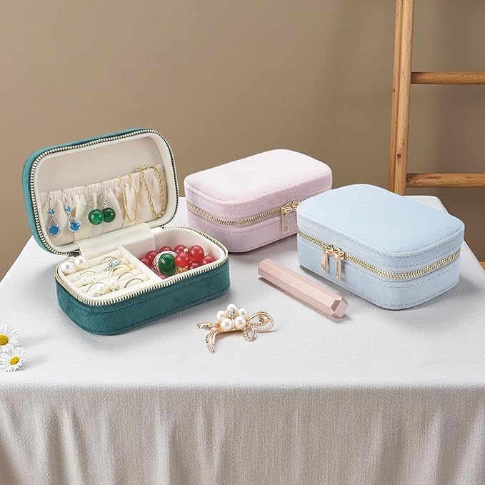 Small Travel Jewelry Case for Women - Plush Velvet Portable Organizer, Holds 20+ Bracelet/Necklace/Earrings/Rings, Giftable Storage Display Box Zipper, Mother/Bridesmaid/Girlfriend Gift (Pink)