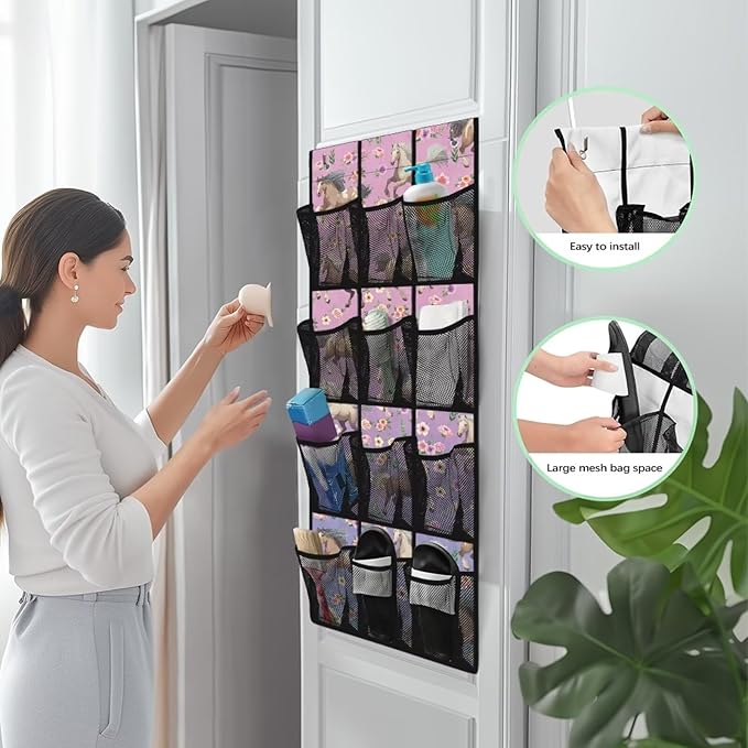 Flower Horse Over Door Organizer, 12 Compartment Breathable Mesh Hanging Shoe Rack, Waterproof Durable Door Hanger for Bedroom Closet & Dorm Room Storage