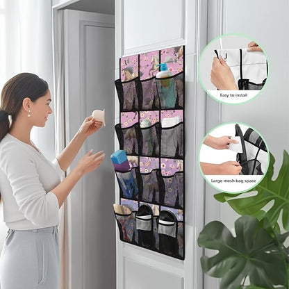 Flower Horse Over Door Organizer, 12 Compartment Breathable Mesh Hanging Shoe Rack, Waterproof Durable Door Hanger for Bedroom Closet & Dorm Room Storage