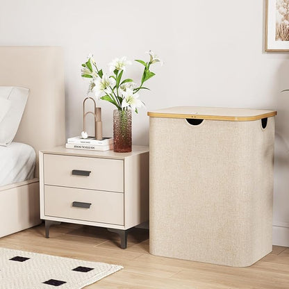 Lifewit 120L Laundry Basket with Lid, Clothes Hampers for Laundry with Bamboo Handles and 2 Removable Bag, Large Foldable Laundry Hamper for Bedroom, Bathroom, Dorm, Laundry Room, Beige