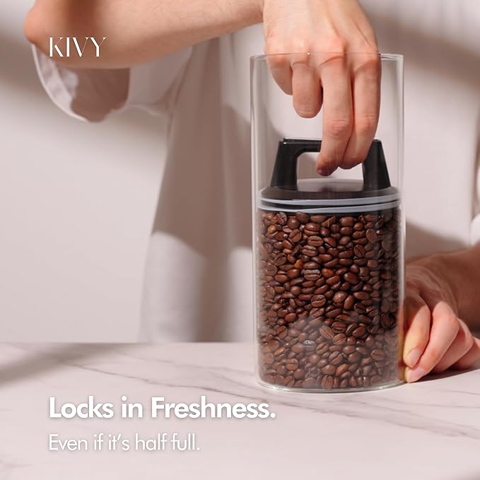 KIVY Vacuum Coffee Canister (Large) - Push Lid Preserves Aroma & Oil - Stainless Steel Airtight Canister - Container for Ground & Coffee Bean Storage - Removes Excess Air