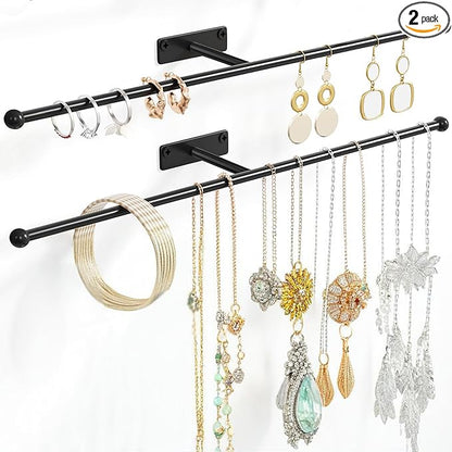 Wall Hanging Jewelry Organizer: 12.6'' Necklace Holder for Earring, Bracelet, Rings, Hairband, Glasses, Black 2-Pack, Screws Included