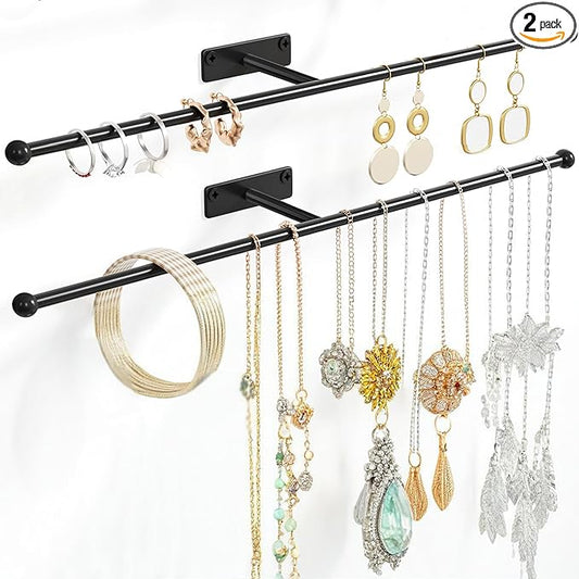 Wall Hanging Jewelry Organizer: 12.6'' Necklace Holder for Earring, Bracelet, Rings, Hairband, Glasses, Black 2-Pack, Screws Included
