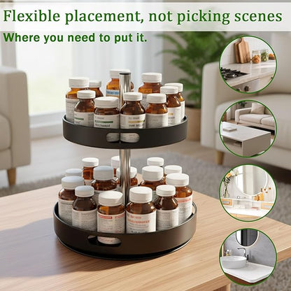 Pill Bottle Organizer,2 Tier Lazy Susan Organizer,360 Degrees Rotating Spice Rack Organizers for Cabinet,Turntable Organization and Storage for Medicine Cabinet Bottle Pantry Countertop, Black