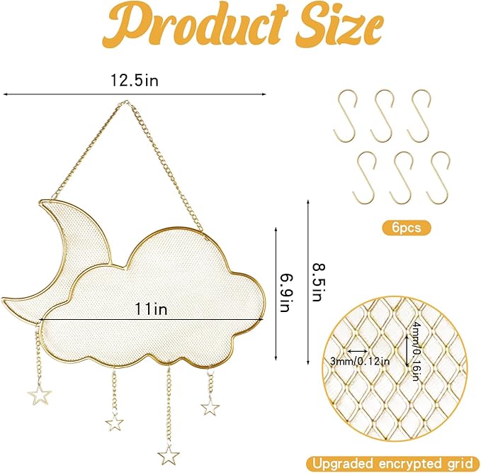 Earring Holder Organizer, Gold Wall Mounted Jewelry Display Stand with 6 Hooks, Metal Hanging Jewelry Rack for Necklace Bracelet Small Grid (Moon Cloud Shape)