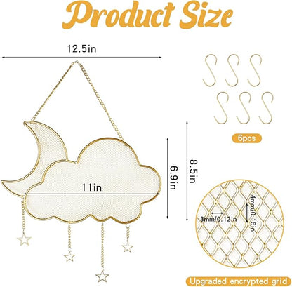 Earring Holder Organizer, Gold Wall Mounted Jewelry Display Stand with 6 Hooks, Metal Hanging Jewelry Rack for Necklace Bracelet Small Grid (Moon Cloud Shape)