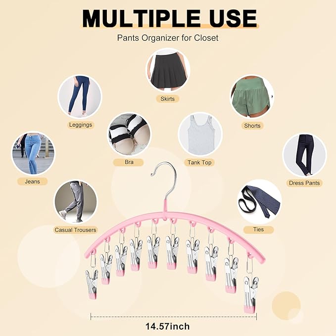 Legging Organizer for Closet, Metal Yoga Pants Hangers 4 Pack w/10 Clips Holds 40 Leggings, Space Saving Hanging Closet Organizer w/Rubber Coated Closet Organizers and Storage, Pink