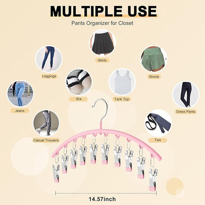 Legging Organizer for Closet, Metal Yoga Pants Hangers 4 Pack w/10 Clips Holds 40 Leggings, Space Saving Hanging Closet Organizer w/Rubber Coated Closet Organizers and Storage, Pink