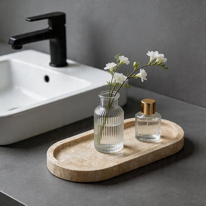 Natural Travertine Vanity Tray Waterproof Italy Marble Bathroom Organizer for Perfume, Candles & Jewelry Non-Slip Oval Storage Tray for Spa, Bedroom, Kitchen 9.8" x 4.5" Beige (WH028)