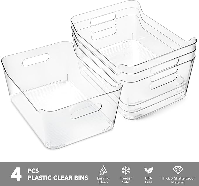 Tiawudi 4 Pack Plastic Storage Bins, Extra Large Pantry Organizer, 13.5" x 10" Clear Storage Containers and Organizer Bins, Multi-Use Bins for Home, Kitchen, Closet and Cabinet
