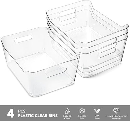 Tiawudi 4 Pack Plastic Storage Bins, Extra Large Pantry Organizer, 13.5" x 10" Clear Storage Containers and Organizer Bins, Multi-Use Bins for Home, Kitchen, Closet and Cabinet