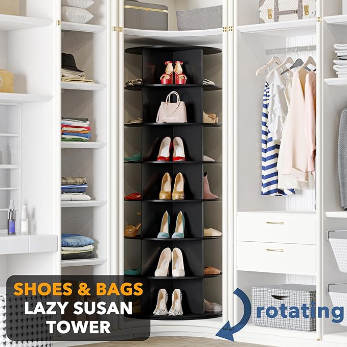 SpaceAid Black 7-Tier Spinning Rotating Shoe Rack Organizer, Shoe Display Tower Lazy Susan, Revolving Shoes Rack StorageOrganization, 360 Vertical Bags Holder Rotate Organizer