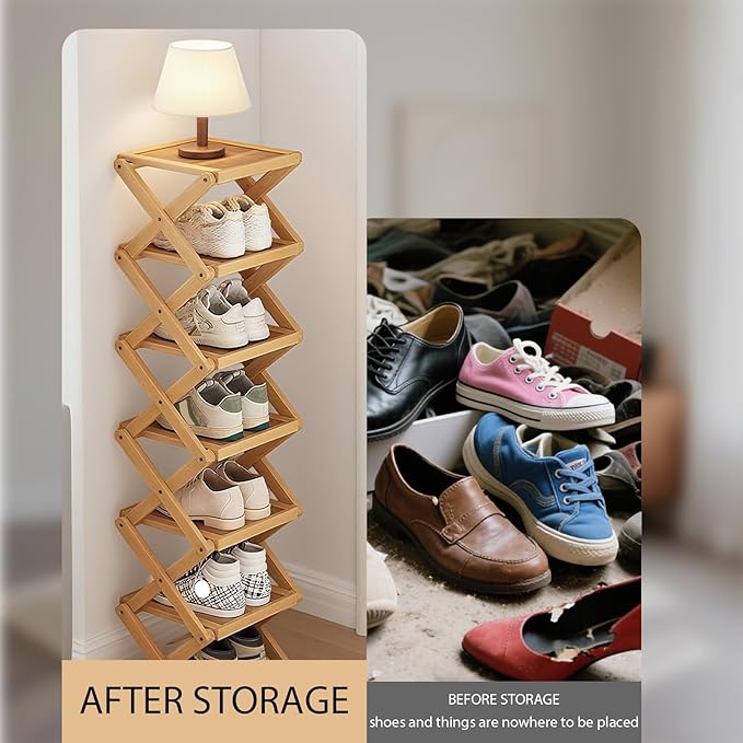 YYW Shoe Rack, Foldable Bamboo Shoes Shelf, Freestanding Shoe Storage Organiser for Entryway, Bedroom, Closet, Hallway - Functional, Natural Shoe Rack (Original, 4 Layers)