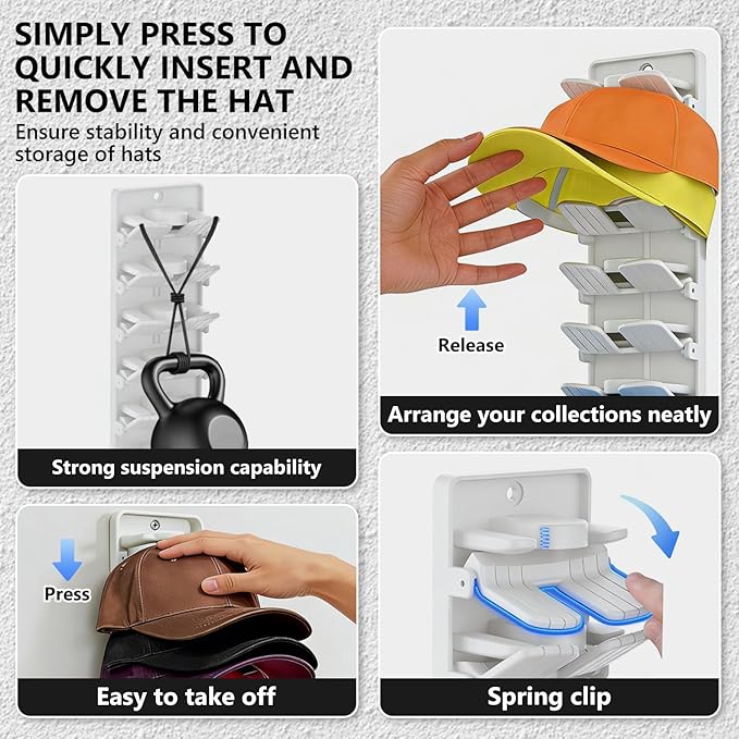 Hat Organizer for Baseball Caps with Built Spring Clips 2 Packs - Wall Mount Closet Hat Rack Holder, Storage for Wall Door/Closet Display Hat Racks Hanger (Strong Adhesive & Screws) White