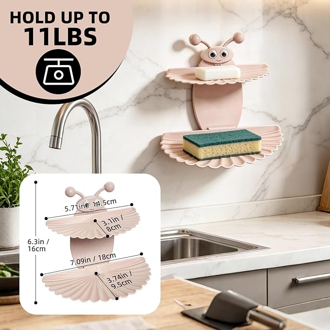Double-Deck Soap Dish Holder for Shower, Bee Shape Wall Mounted Soap Holder with Strong Adhesive, Self Draining Soap Tray, No Drilling Bathroom Accessories, Nordic Pink