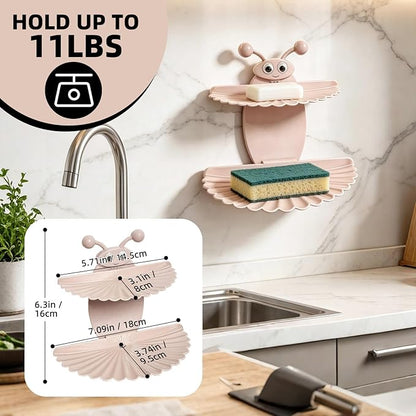 Double-Deck Soap Dish Holder for Shower, Bee Shape Wall Mounted Soap Holder with Strong Adhesive, Self Draining Soap Tray, No Drilling Bathroom Accessories, Nordic Pink