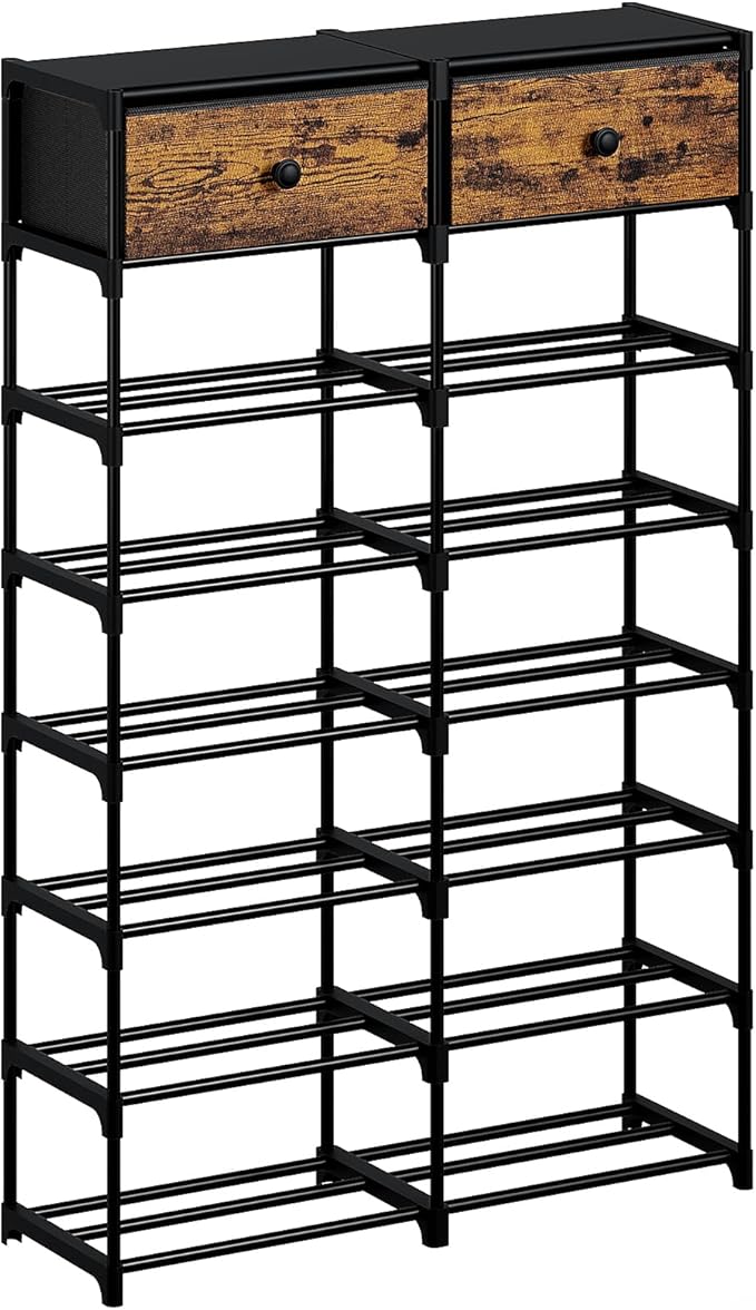 Tall Shoe Rack, 8 Tier Shoe Rack Organizer with 2 Large Drawers, Shoe Storage for 28-32 Pairs, Sturdy Metal Shoe Shelf Shoe Stand for Closet Entryway, Rustic Brown and Black