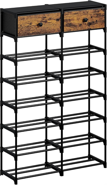 Tall Shoe Rack, 8 Tier Shoe Rack Organizer with 2 Large Drawers, Shoe Storage for 28-32 Pairs, Sturdy Metal Shoe Shelf Shoe Stand for Closet Entryway, Rustic Brown and Black
