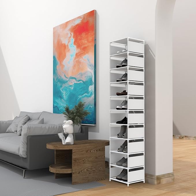 10 Tier Vertical Shoe Rack - White Narrow Shoe Rack for Closet & Entryway, Space Saving Tall Shoe Organizer for Small Spaces, Sturdy Skinny Shoe Tower Stand for Boots & Heels