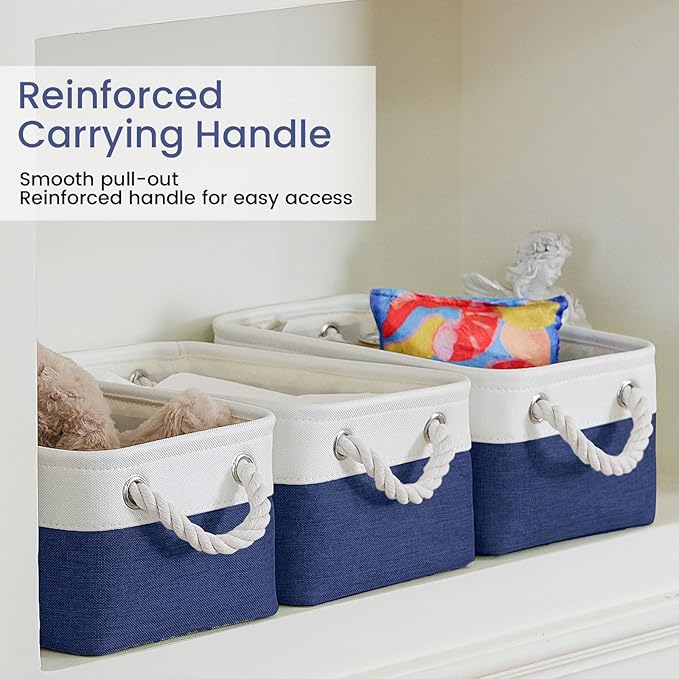 Storage Baskets for Shelves 11.8x7.9x5.2 Inch, Foldable Fabric Storage Bins with Handles, Small Storage Baskets for Organizing Closet, Office, Home Organization (6-Pack, White&Blue)