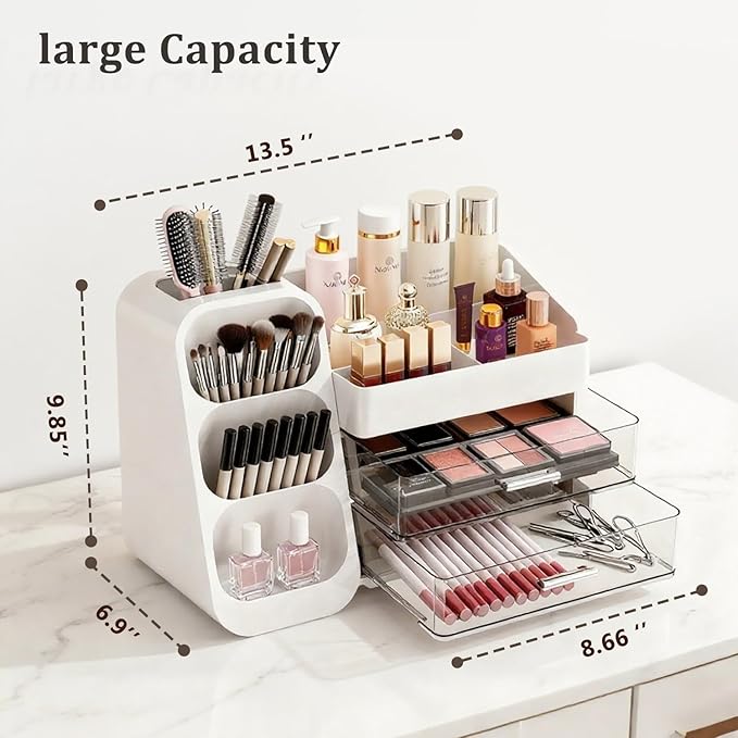 Makeup Organizer with Brush Holder for Vanity, Spacious Cosmetic Display Case with 2 Drawers, The Perfect Bathroom Vanity Organizer for Beauty Essentials, Skincare, Lipsticks