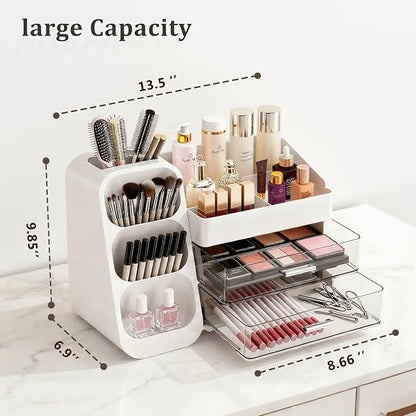 Makeup Organizer with Brush Holder for Vanity, Spacious Cosmetic Display Case with 2 Drawers, The Perfect Bathroom Vanity Organizer for Beauty Essentials, Skincare, Lipsticks