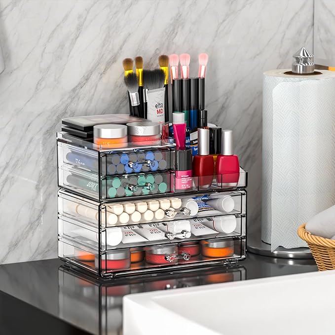 Acrylic Clear Make up Organizers And Storage for Vanity,Bathroom Skincare Organizer With 5 Drawer for Dresser,Plastic Desk Accessories Organization,Cosmetic Organizer Countertop for Beauty,Skin Care