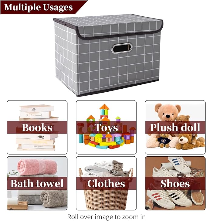 STOREONE Fabric Storage Cube Bins Foldable Organizer Container Collapsible Basket with Lids and Metal Handles, for Home, Bedroom, Closet 3 Pcs (Grey grid)