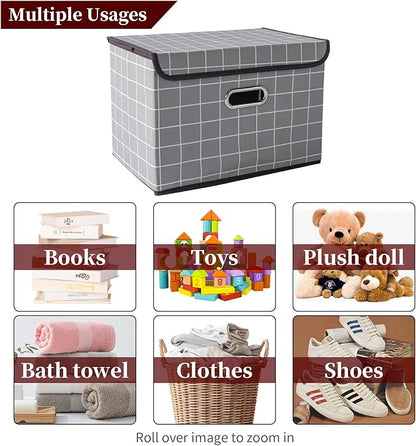 STOREONE Fabric Storage Cube Bins Foldable Organizer Container Collapsible Basket with Lids and Metal Handles, for Home, Bedroom, Closet 3 Pcs (Grey grid)
