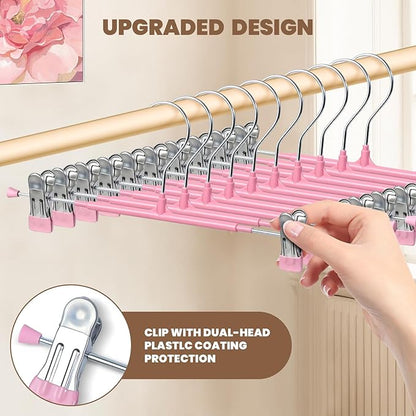 HUADYMEET 30 Pack 14Inch Pants Hangers with Clips,Metal Trouser Hanger for Jeans.Space Saving Skirt Hangers Heavy Duty Non-Slip Adjustable Clothes Shorts Hanger for Women,Men,Pink
