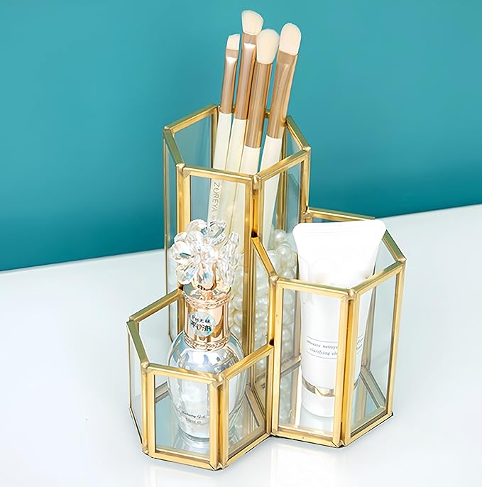 JIARI Glass Makeup Brush Holder, 3 Slots Gold Hexagon Cosmetics Organizer, Desktop Pen Pencil Pot for Office Home (Hexagon-3 Slot)