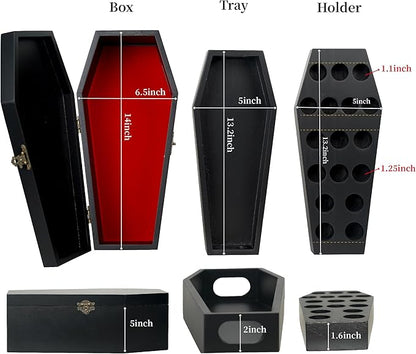 Gothic Coffin Storage Box Set 3 Pack - Spooky Dark Aesthetic Vanity Organizer, Wooden Makeup Jewelry Kit with Tray, Lipstick Holder & Jewelry Box