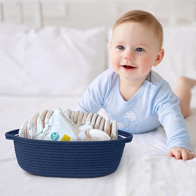 MEGASKET Dark Blue Small Woven Basket, 13” x 9” x 5” Baskets for Gifts Empty, Cotton Rope Gift Basket, Cute Nursery Baby Organizer, Cat Dog Toy Box, Oval Wicker Storage Bin with Handle
