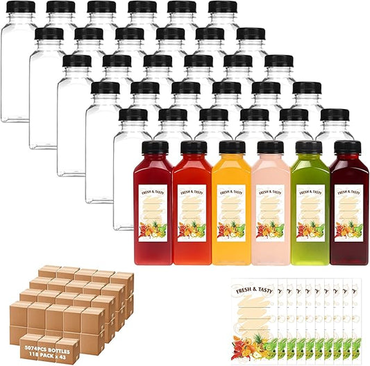 BAKHUK BAKHUK5074pcs 12oz Empty Plastic Juice Bottles with Caps, Plastic Water Bottles with lids, Reusable Clear Bulk Beverage Containers for Juice, Milk and Other Beverages