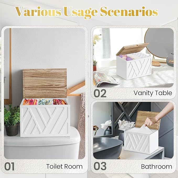 2 PCS White Tampon Holder for Bathroom Decor, Feminine Product Organizer With Lid, Shark Week Storage, Wood Pad Box for Toilet, Bathroom Accessories