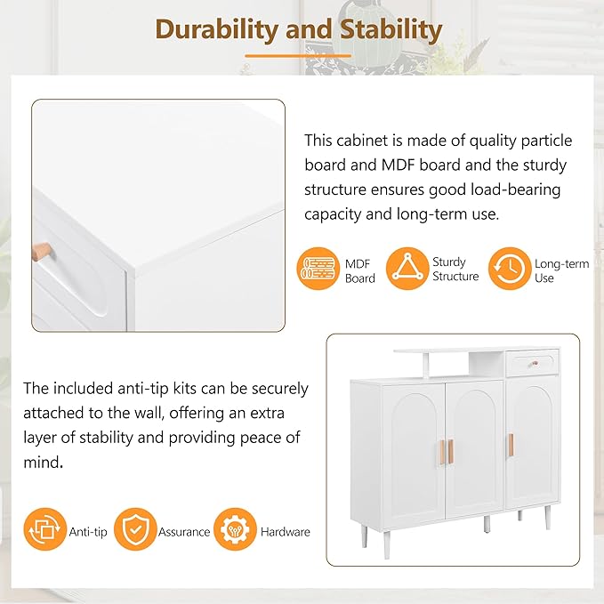 JIVOIT Shoe Cabinet with Adjustable Shelves and Drawer, Cream Style Storage Sideboard with Arched Doors, Solid Wood Legs, Wood Shoe Rack for Entryway, Living Room (White,164)