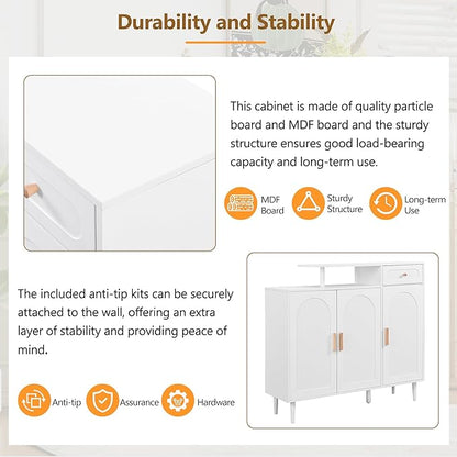 JIVOIT Shoe Cabinet with Adjustable Shelves and Drawer, Cream Style Storage Sideboard with Arched Doors, Solid Wood Legs, Wood Shoe Rack for Entryway, Living Room (White,164)