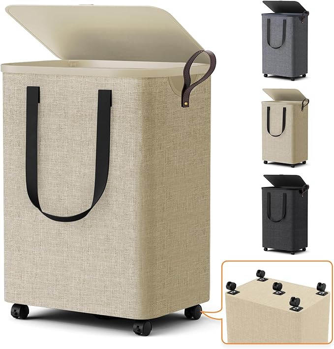 Laundry Basket with 5 Wheels, Tall Dirty Laundry Hamper, Rolling Laundry Basket with Lid, Collapsible Clothes Hamper for Bathroom Bedroom Dorm Laundry Room, Khaki, 75L