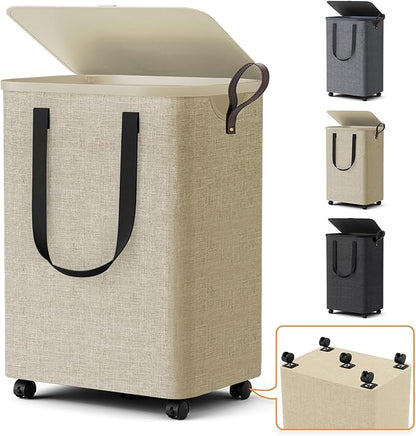 Laundry Basket with 5 Wheels, Tall Dirty Laundry Hamper, Rolling Laundry Basket with Lid, Collapsible Clothes Hamper for Bathroom Bedroom Dorm Laundry Room, Khaki, 75L