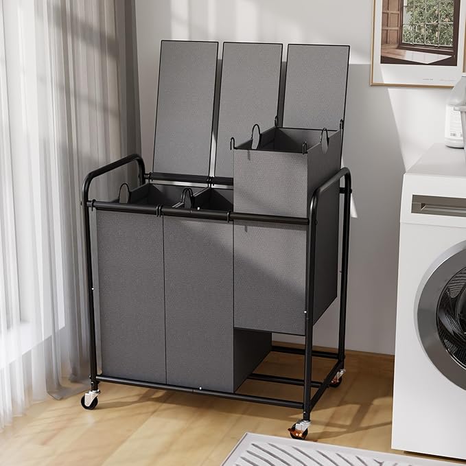 180L Laundry Sorter 3 Section – Heavy Duty Rolling Laundry Basket with Lockable Wheels and Lid, 3 Large Separate Removable Bags, Laundry Hamper Cart for Laundry Room Organizer (Grey)